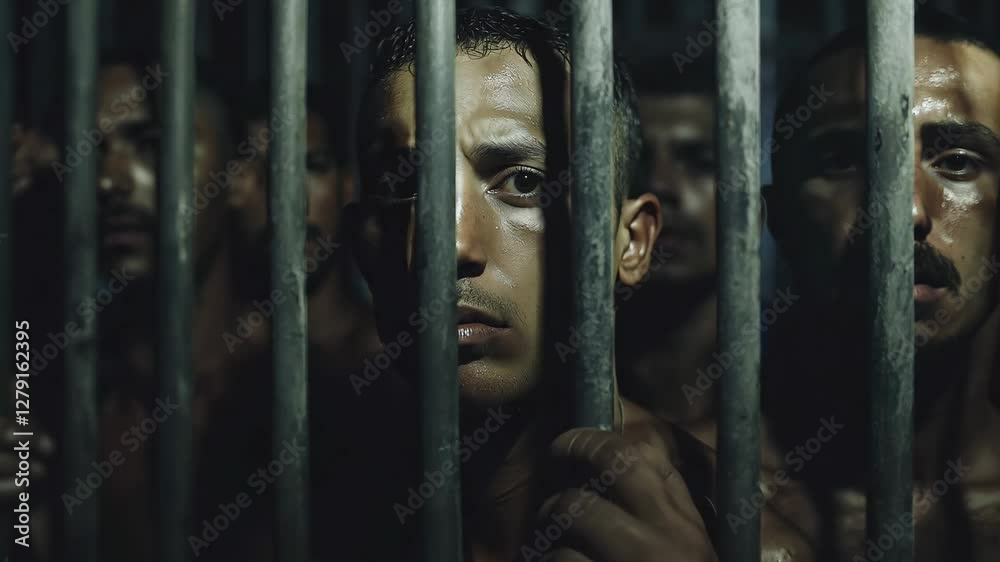 A group of inmates in a dimly lit prison cell looks through rusty bars, evoking a sense of isolation and confinement