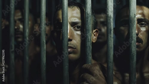 A group of inmates in a dimly lit prison cell looks through rusty bars, evoking a sense of isolation and confinement
