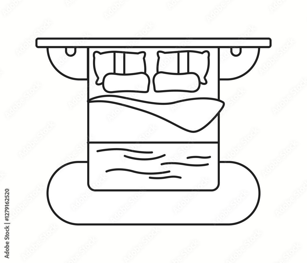 Vector illustration of a king-size bed with two pillows and bedside tables in top view. A perfect addition to bedroom layouts and interior design plans. Vector illustration of a king-size bed with two pillows and bedside tables in top view. A perfect addition to bedroom layouts and interior design plans.