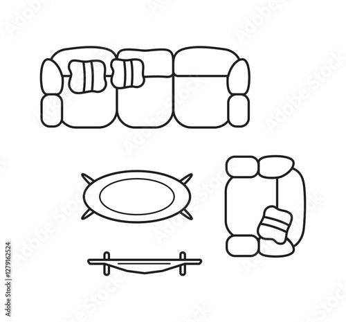 Vector illustration of a sofa set with pillows and a coffee table in top-down perspective. Perfect for living room interior design layouts and architectural plans.