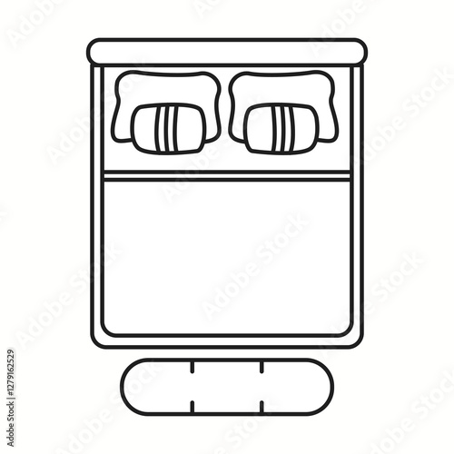 Vector illustration of a minimalist double bed seen from the top, featuring a mattress, pillows, and a footrest. Ideal for bedroom layout planning and interior design visualization.