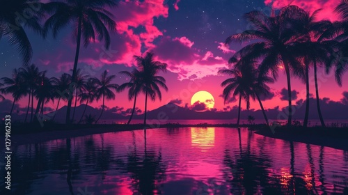 Pink Sunset Over Tropical Beach Palm Trees