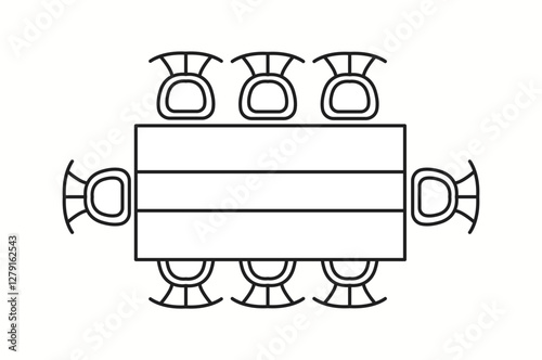 Vector illustration of a dining table with six chairs arranged in a formal setting, viewed from the top. Ideal for interior design layouts and home planning.