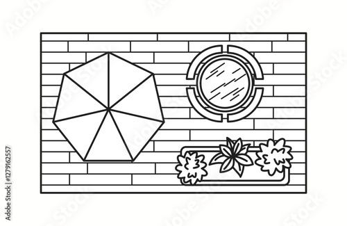 Vector illustration of an outdoor patio featuring an umbrella, seating area, and garden decor, viewed from the top. Ideal for landscape and outdoor design concepts.