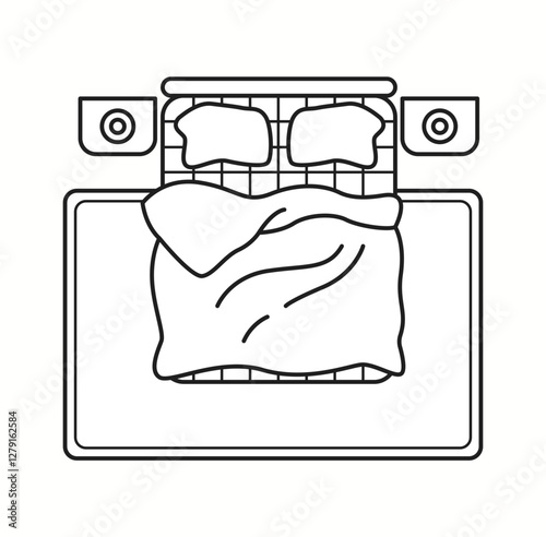 Vector illustration of a double bed in top view with pillows and a slightly folded blanket. Ideal for interior design layouts and bedroom planning.