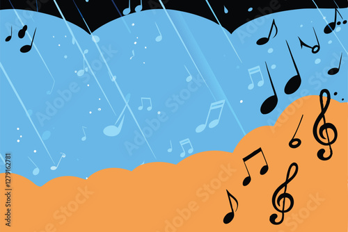 Falling musical notes, resembling rain, against a vibrant blue backdrop; a whimsical, abstract illustration.