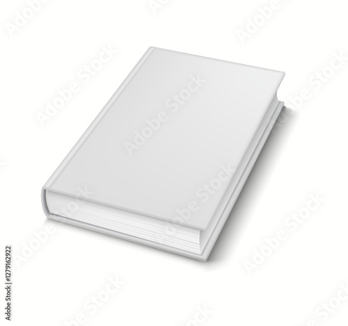 3D realistic mockup of an open book with blank pages displayed at an angle, ideal for presentations.