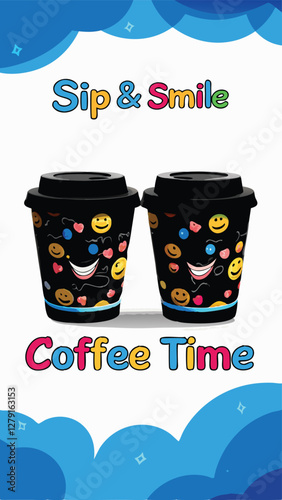 Create a playful illustration of a giant coffee cup overflowing with coffee beans, showcasing whimsical, cartoonish style.  Include playful elements.