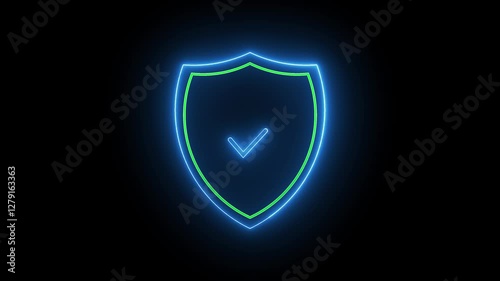 neon glowing Shield Symbol with Tick Mark, Security,Protection, Sign Animation isolated on black background