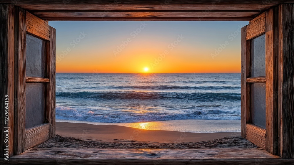 Fototapeta premium Wooden window frames ocean sunrise beach view