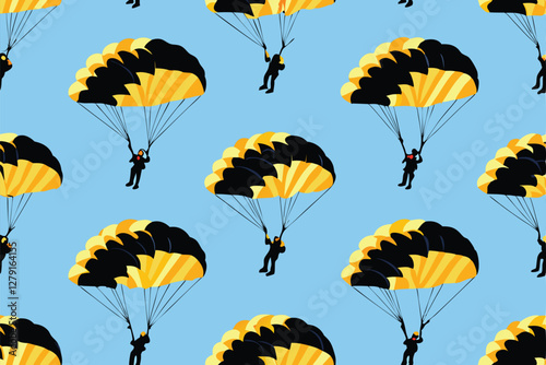 Create a vibrant, seamless vector pattern featuring colorful parachutes and skydivers in dynamic action against a clear blue sky.  Design should be suitable for textile prints and web backgrounds.