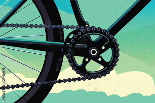 Detailed close-up side profile of a bicycle showcasing its intricate gear system, chain, and drivetrain mechanics.  Emphasis on technical details.
