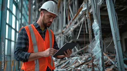 Damage assessment and risk coverage in property insurance, Construction worker assessing building damage with tablet