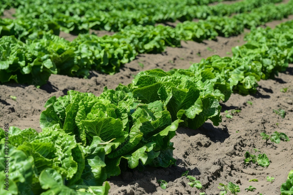 Cultivated field of lettuce growing in rows along the contour line skyscape. Neural network ai generated