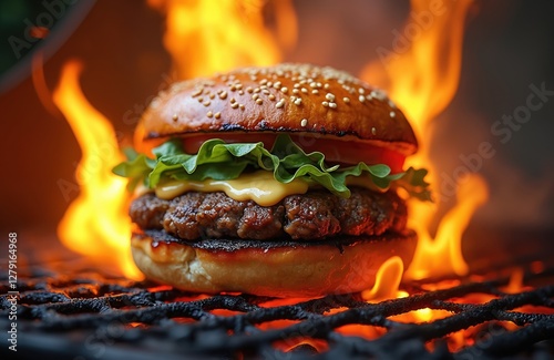 Flavourful juicy smashed steak burger grilling engulfed in flames, char marks. Grilled beef, melted cheese, tomato, lettuce inside sesame bun on metal barbecue rack. Tempting gourmet hamburger. photo