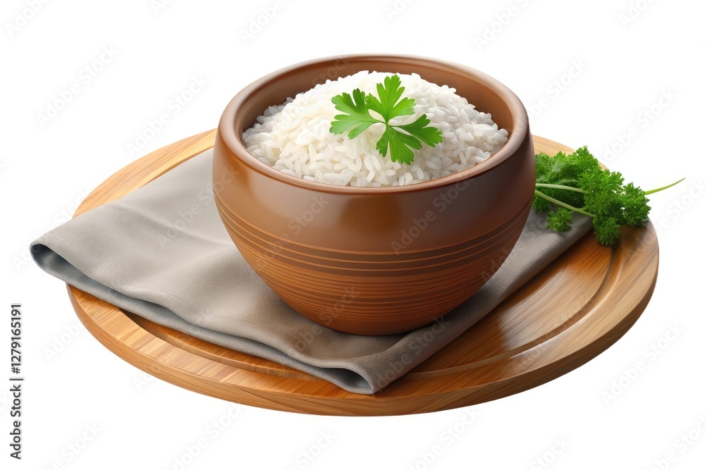 Steaming Bowl of Rice with Parsley Garnish on Wooden Table Steaming Bowl of Rice with Parsley Garnish on Wooden Table