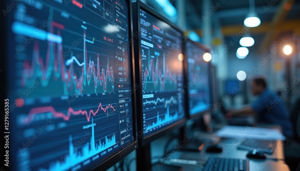 Fototapeta premium Control charts on monitors in factory control room. SPC analyst tracks process stability using software, monitoring production line performance, detecting deviations, defects, ensuring compliance