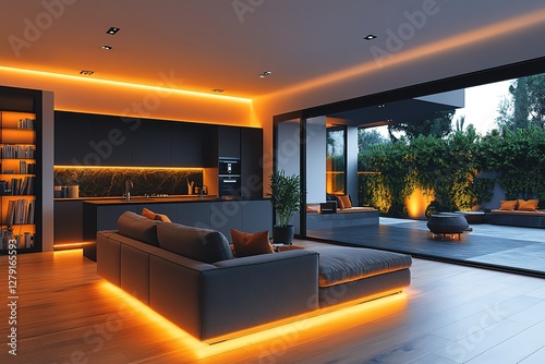 Sleek modern living space blending indoor luxury with outdoor serenity featuring warm inviting lighting and minimalist design