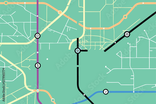 Illustrate a vibrant, stylized urban subway map featuring numerous colorful lines converging at various stations, showcasing intricate details and a futuristic aesthetic.