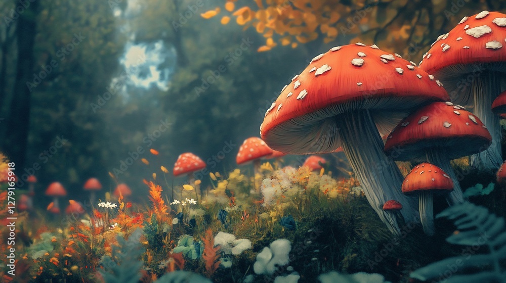 Obraz premium Enchanting autumn forest with vibrant red mushrooms and wildflowers.
