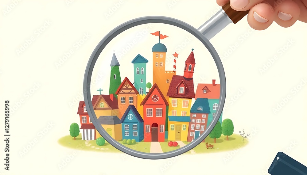 Naklejka premium Whimsical House Hunt with Magnifying Glass