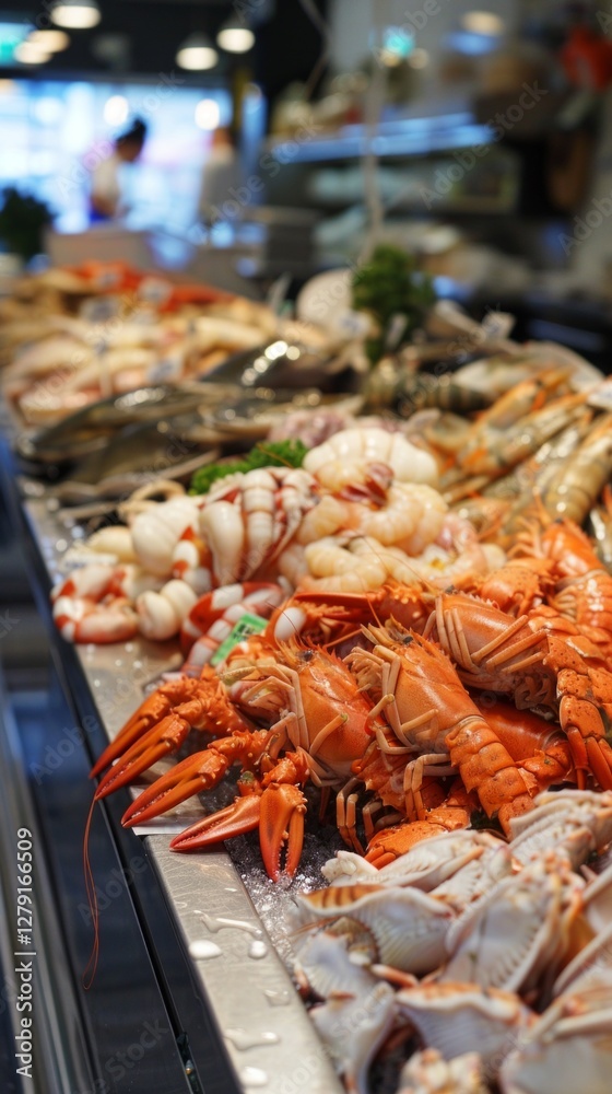 Vivid image of fresh fish and seafood on the counter, perfect for restaurant advertising, cooking blogs or healthy eating articles Vivid image of fresh fish and seafood on the counter, perfect for restaurant advertising, cooking blogs or healthy eating articles