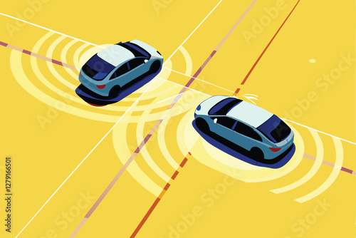 Create a vibrant vector illustration depicting multiple self-driving cars navigating a futuristic smart city, showcasing advanced infrastructure and seamless integration.