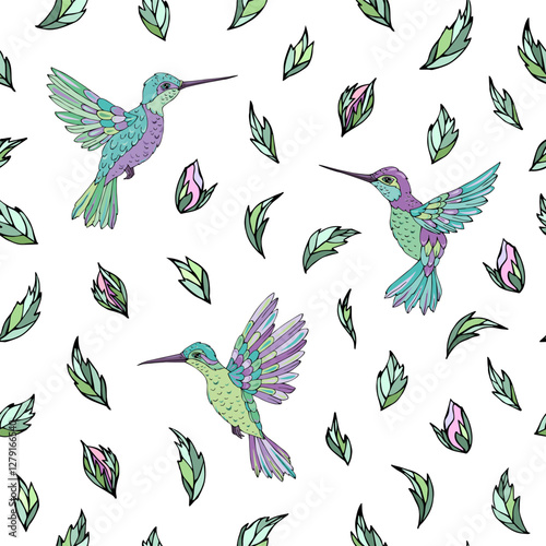 Vector seamless pattern with  hummingbird and floral elements. Decoration print for wrapping, wallpaper, fabric. Seamless vector texture. 