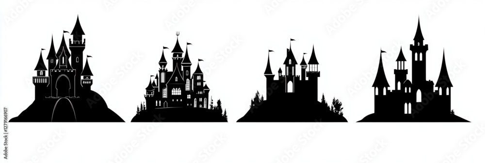 Fototapeta premium Abstract vector illustration featuring silhouettes of a castles set isolated on white background
