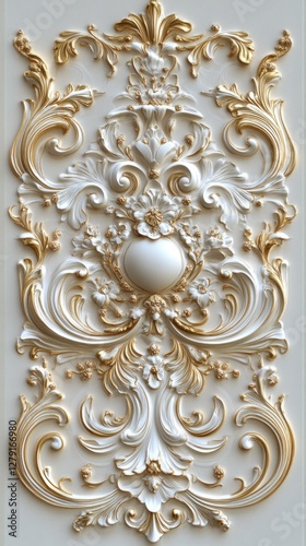 Ornate baroque style plasterwork with gold accents on a cream background photo