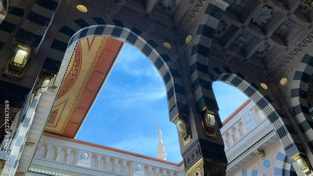 Medina, Saudi Arabia. January 28, 2025: Interior design and roof of the mosque moves to be opened on the ceiling. Al-Masjid An-Nabawi (Nabawi Mosque) is a mosque visited by Hajj and Umrah pilgrims