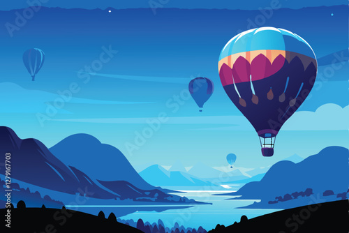 Vibrant, whimsical hot air balloons drift serenely above a majestic, sun-drenched mountain range; idyllic fantasy landscape.