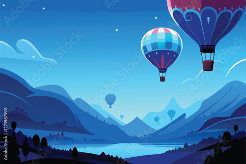 Whimsical, colorful hot air balloons drift serenely above majestic, snow-capped mountain peaks at sunrise.  Detailed, vibrant illustration.