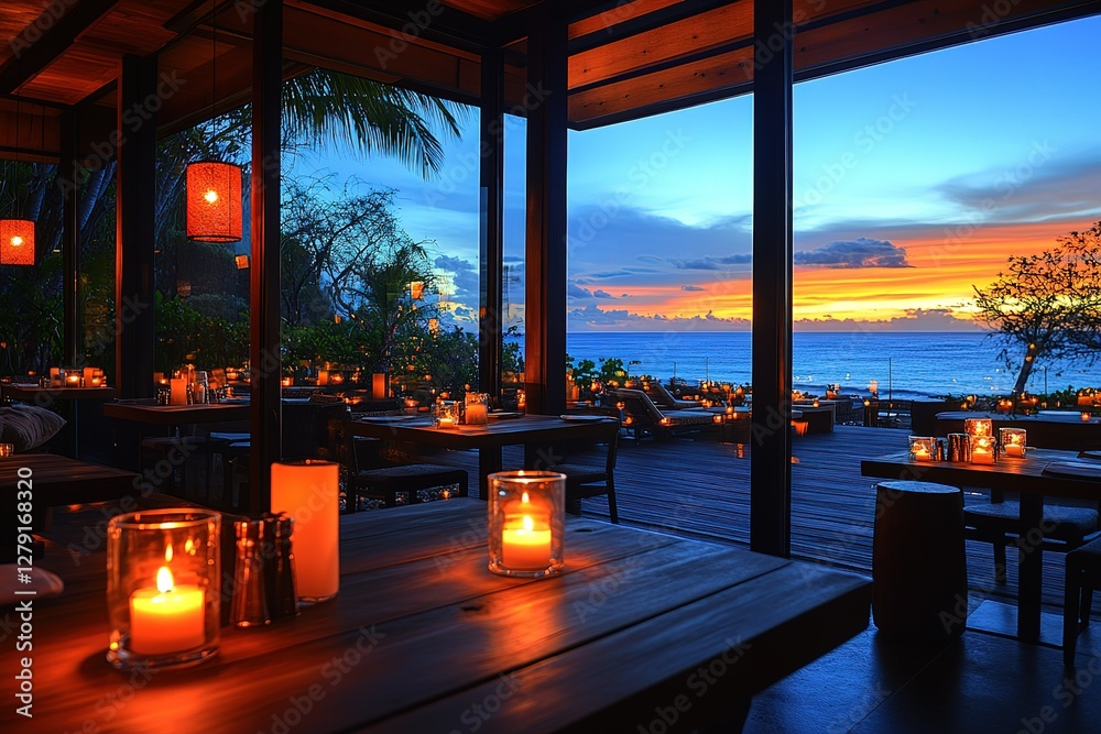 Fototapeta premium Romantic oceanfront dining with candlelight ambiance and sunset views creating a magical and intimate atmosphere A tropical paradise experience
