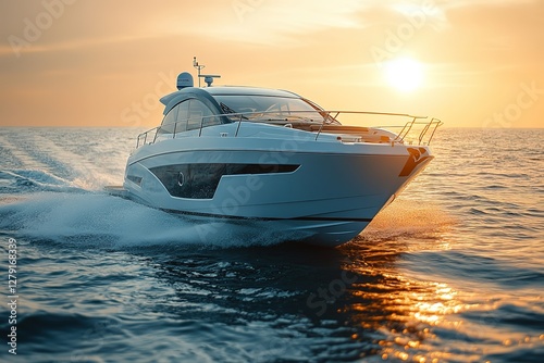 Luxury Yacht at Sunset: A pristine yacht gracefully navigates the open sea bathed in the warm hues of the setting sun conveying elegance and freedom
