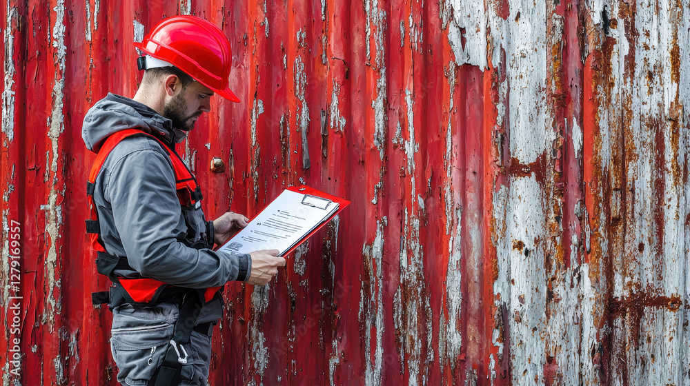 Damage assessment and risk coverage in property insurance, construction worker inspects damaged red wall
