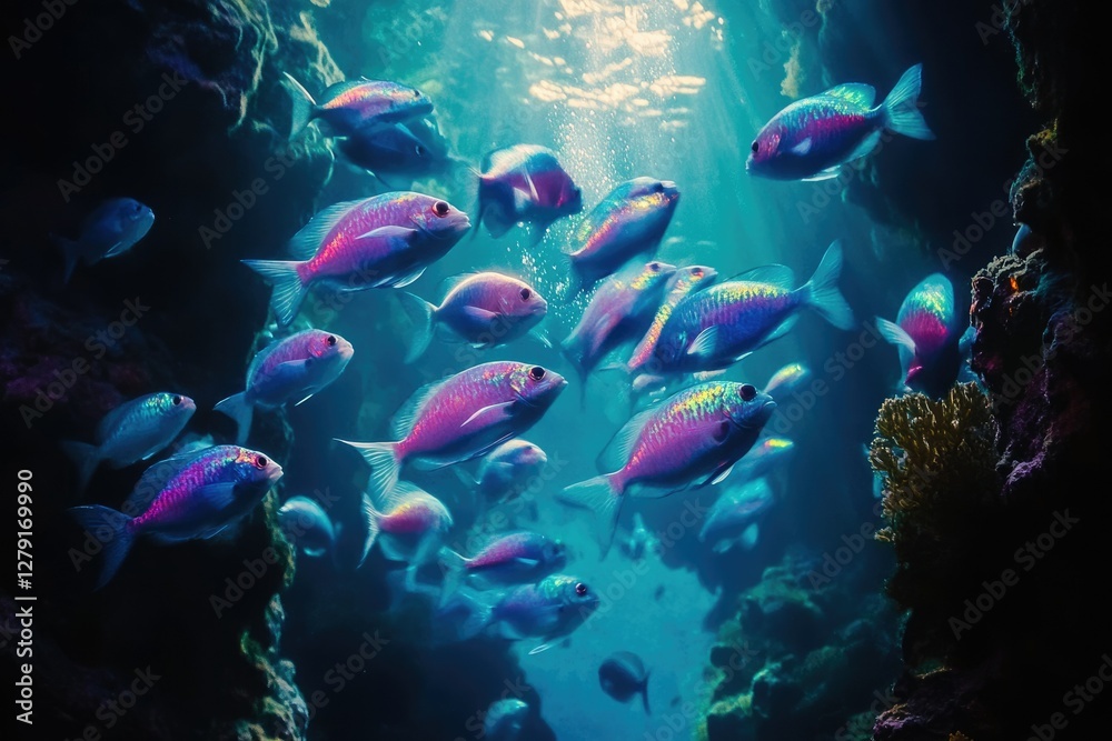 Fototapeta premium A school of iridescent fish swim in a vibrant underwater scene, illuminated by a sunbeam.