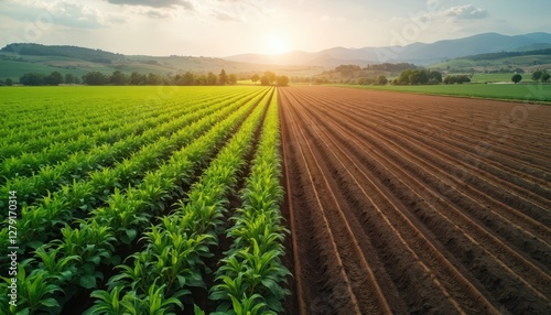 Aerial view splitscreen of thriving biodiverse regenerative field beside barren monoculture. Image rich soil, green crops, flourishing ecosystem with sunset. Mountains, trees, meadows on background.
