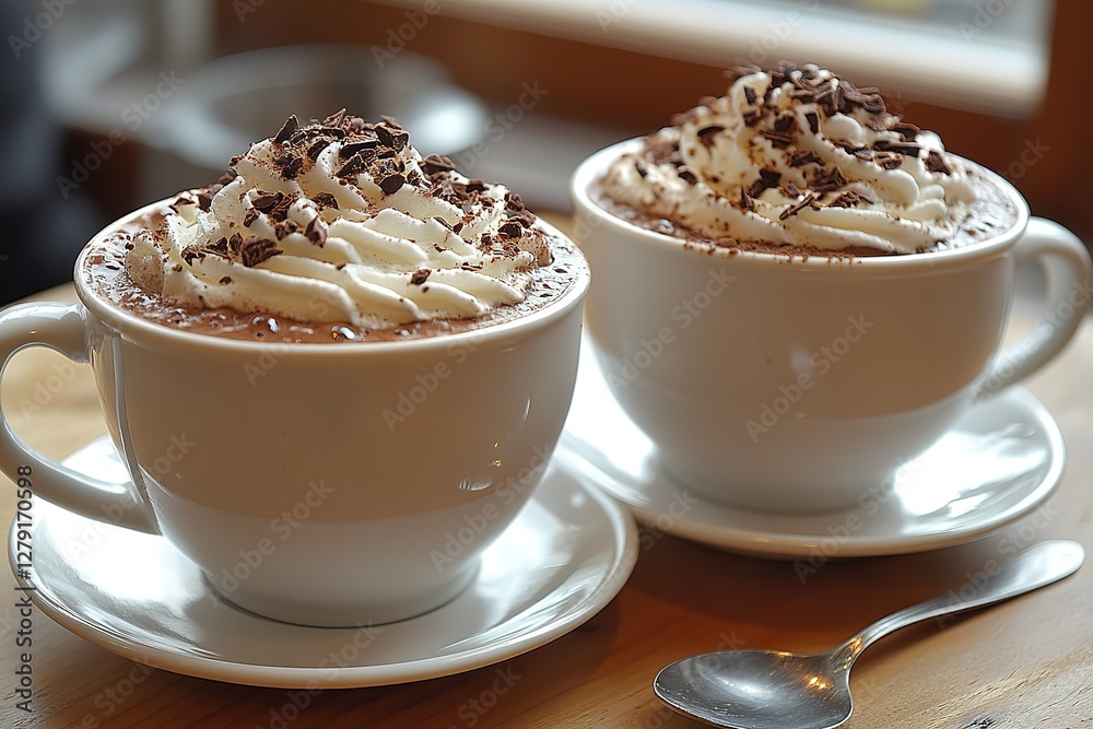 Two cups of hot cocoa topped with whipped cream and chocolate shavings Cozy and comforting winter drinks on a wooden surface Two cups of hot cocoa topped with whipped cream and chocolate shavings Cozy and comforting winter drinks on a wooden surface