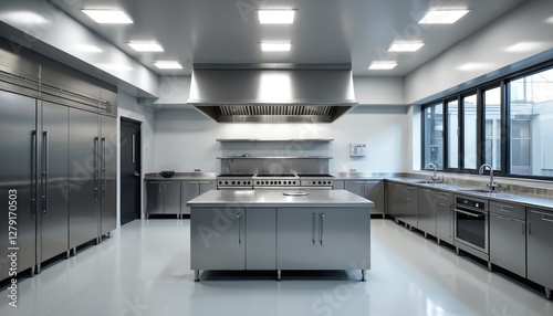 Photo pro kitchen interior with stainless steel surfaces. Modern design with metallic elements, clean lines. Kitchen features stove, oven, counter. Suitable for culinary arts, food industry themes.