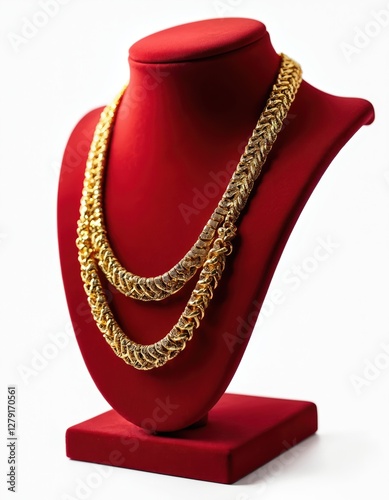 Side view. Gold necklaces on red stand isolated on white backdrop. Elegant jewelry display. Luxury golden chain, expensive fashion bracelets, neck decorations, jewellery, precious gift idea.