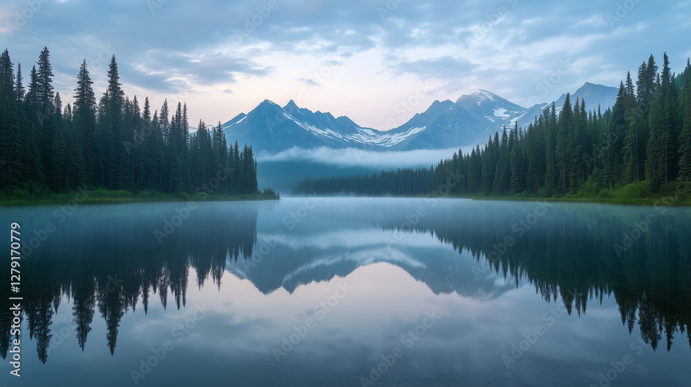 A serene mountain lake at dawn, surrounded by lush green pine trees A serene mountain lake at dawn, surrounded by lush green pine trees