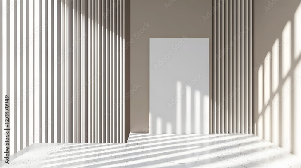 Sunlight Casting Shadows on a Blank White Poster Against Beige Wall with Vertical Stripes Sunlight Casting Shadows on a Blank White Poster Against Beige Wall with Vertical Stripes