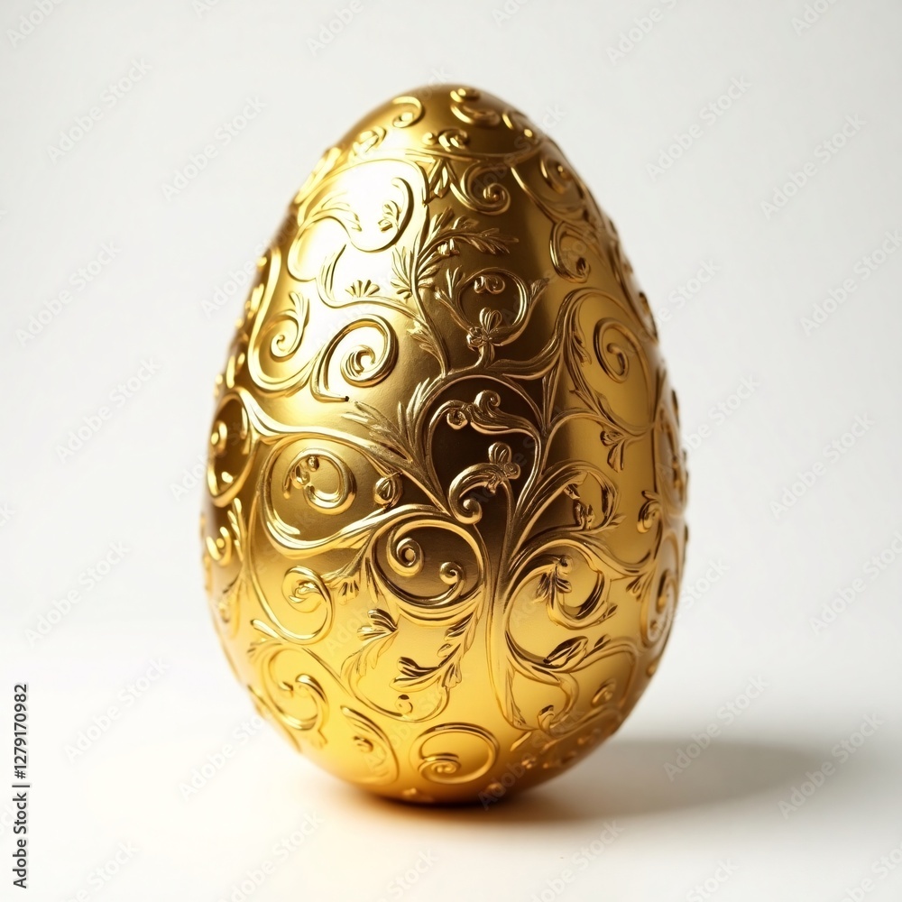 Golden an easter egg isolated on a White background. Gold easter egg with flowers isolated on a white background. Elegant Golden Egg with Intricate Floral Engravings Golden an easter egg isolated on a White background. Gold easter egg with flowers isolated on a white background. Elegant Golden Egg with Intricate Floral Engravings