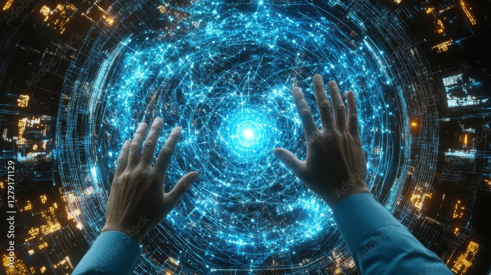 Quantum Computing Algorithms Futuristic hands reaching out towards a glowing, swirling digital vortex. Quantum Computing Algorithms Futuristic hands reaching out towards a glowing, swirling digital vortex.