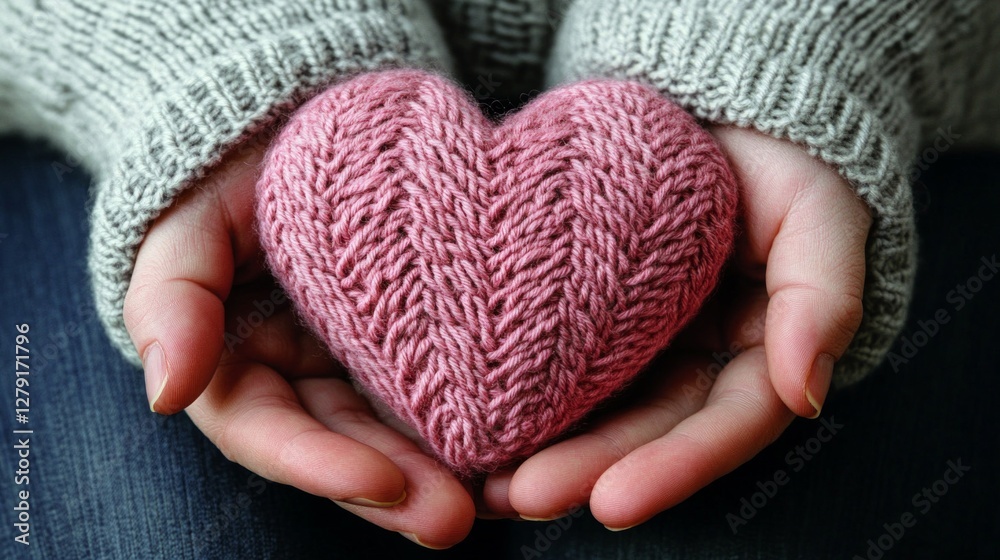Warmth and Care: Hands Gently Holding a Knitted Heart Warmth and Care: Hands Gently Holding a Knitted Heart
