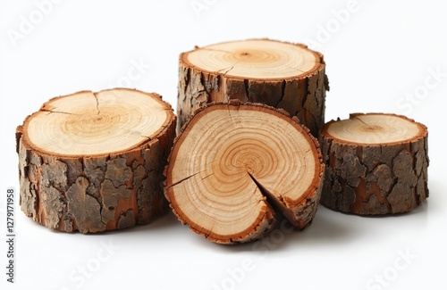 Pile of cut tree trunks isolated on white background. Wooden logs with rough bark, natural hardwood material. Timber industry object, round ring texture. Lumber harvesting, woodcraft background.