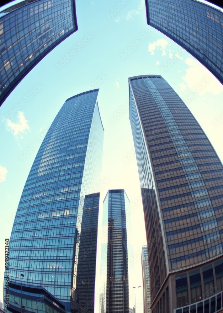 Business towers with fisheye lens effect skyscraper city building skyscraper downtown business architecture cityscape Business towers with fisheye lens effect skyscraper city building skyscraper downtown business architecture cityscape