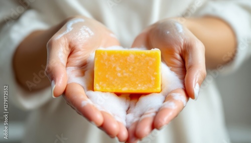 A pair of hands holding a yellow soap bar covered in lather, representing hygiene, wellness, and personal care.