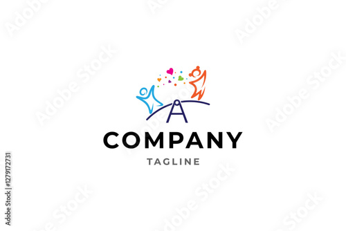 kids playing seesaw with love icon in colorful flat logo design style